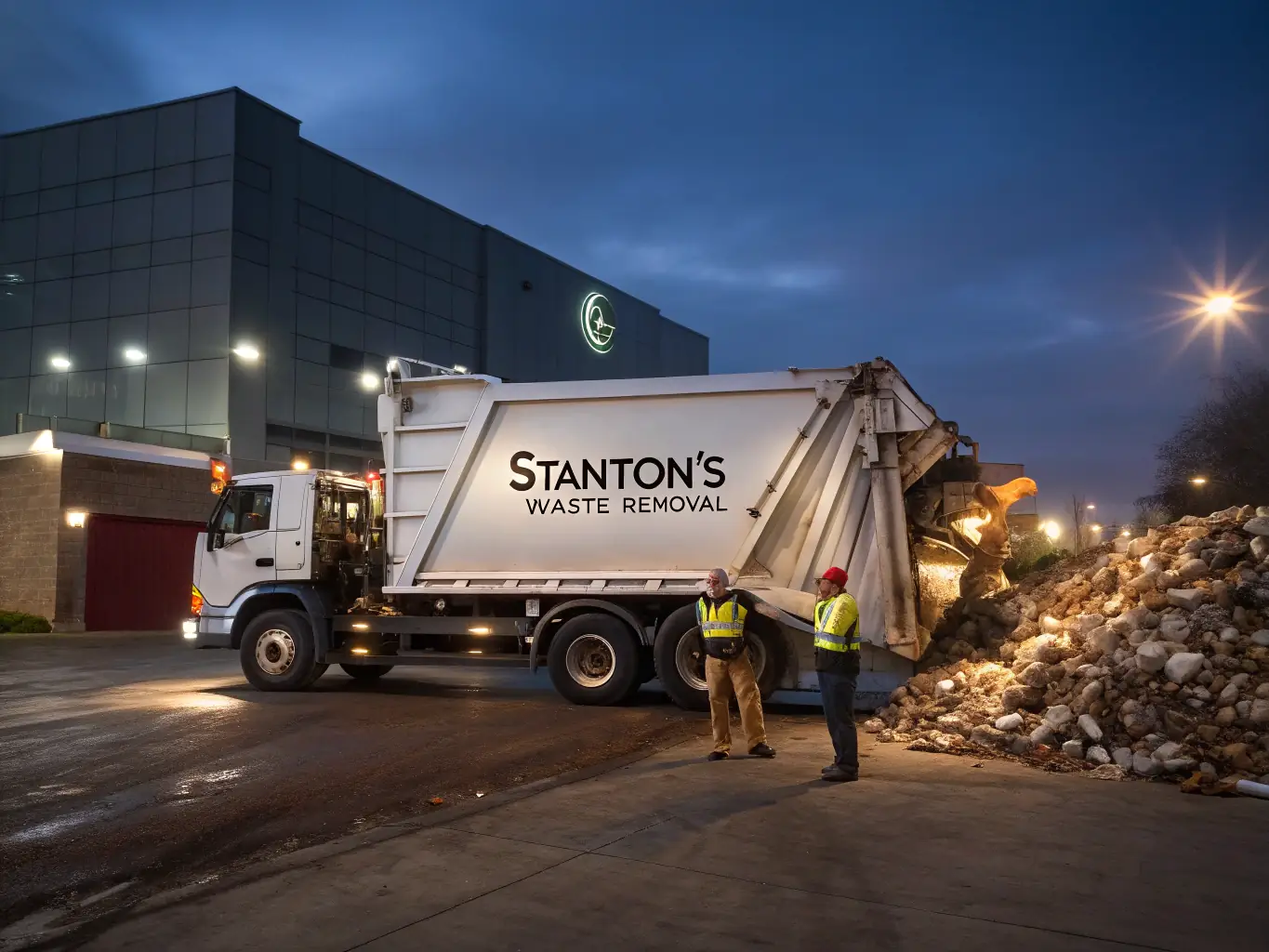A commercial property with a dumpster being emptied by Quick Rubbish Removal's team, highlighting their commercial waste management services.