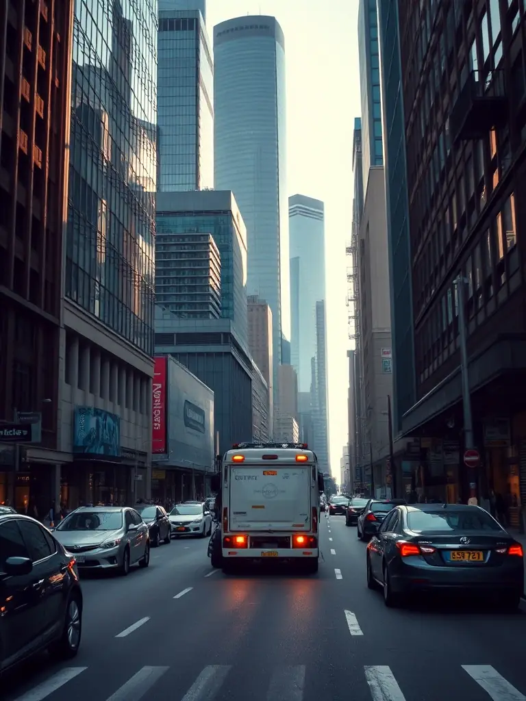 A bustling commercial district in Parramatta, Sydney, with modern office buildings and busy streets. The image should highlight the need for efficient waste management in a business environment.